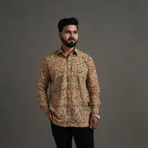 Beige - Kalamkari Block Printed Cotton Men Full Sleeve Shirt 08