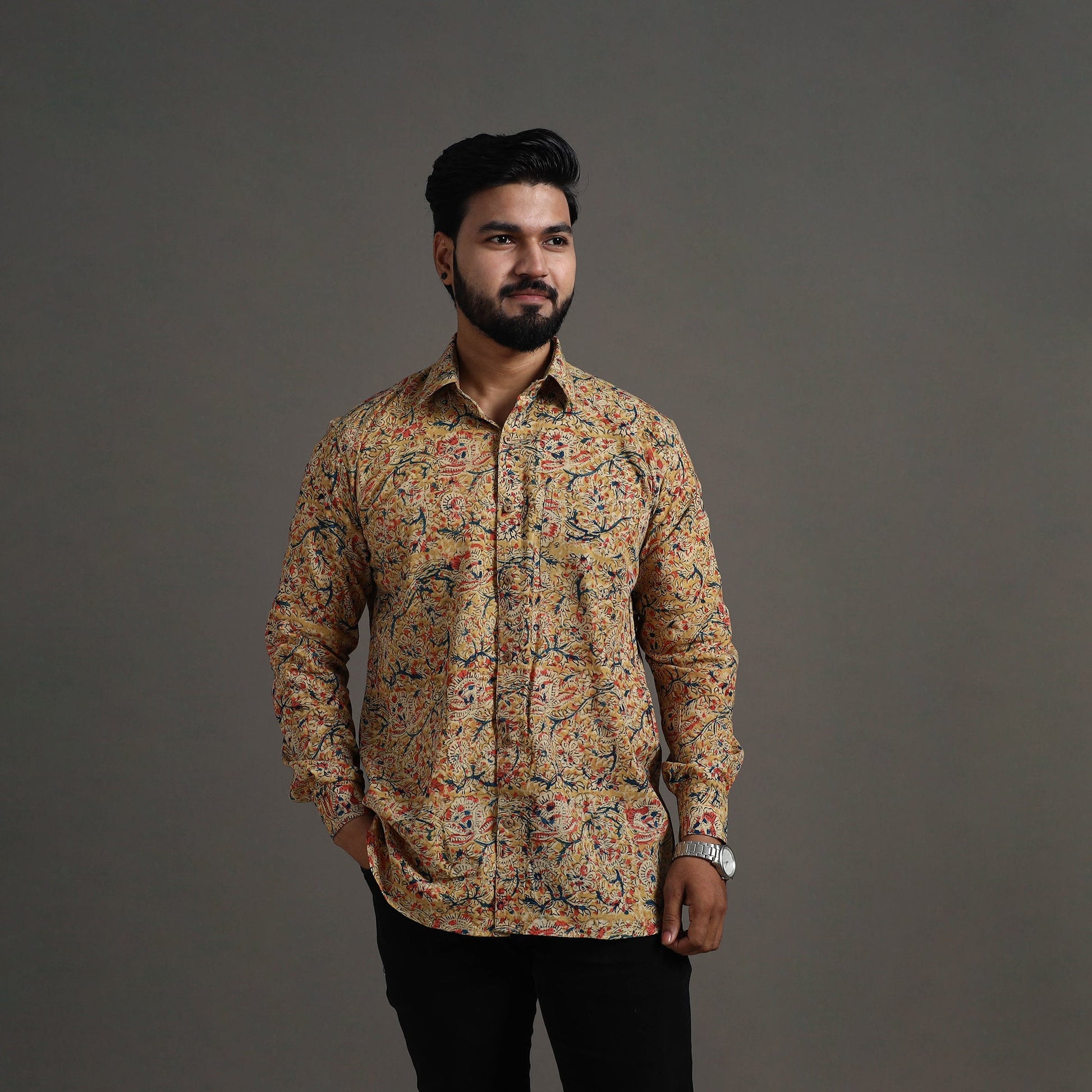 Beige - Kalamkari Block Printed Cotton Men Full Sleeve Shirt 08