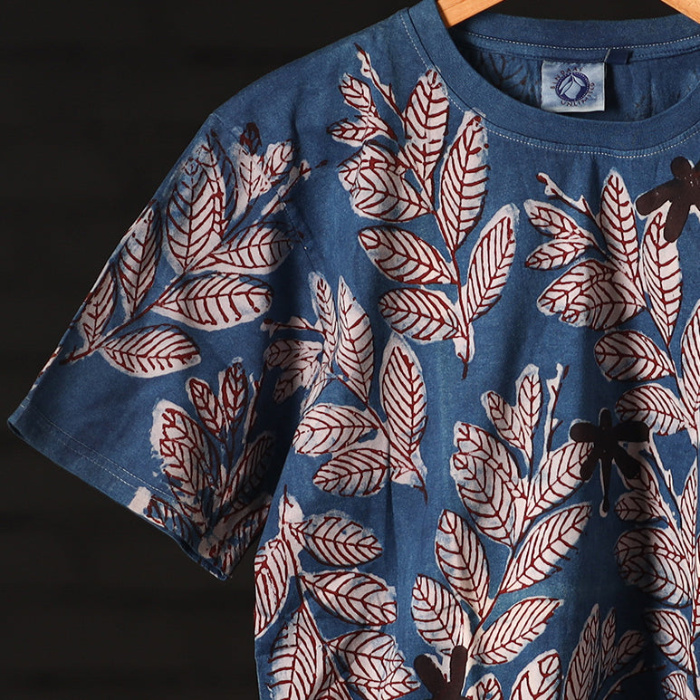 Blue - Bindaas Natural Dyed Art Block Print Round Neck T-shirt in Pure Cotton