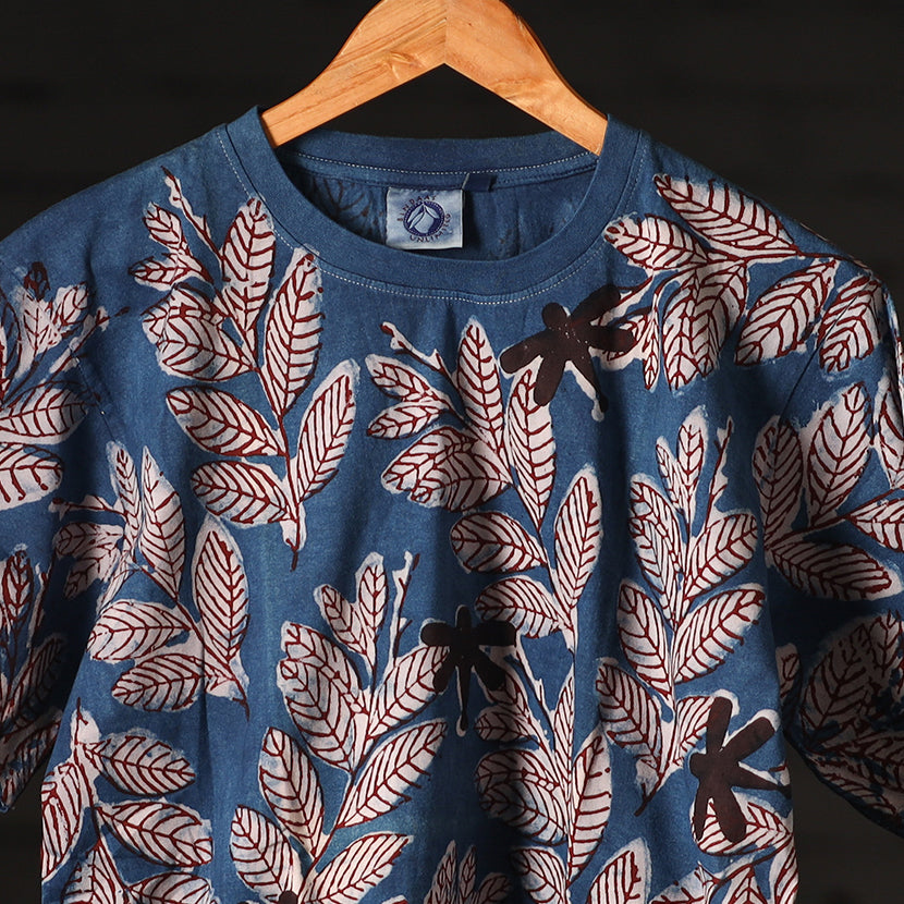 Blue - Bindaas Natural Dyed Art Block Print Round Neck T-shirt in Pure Cotton