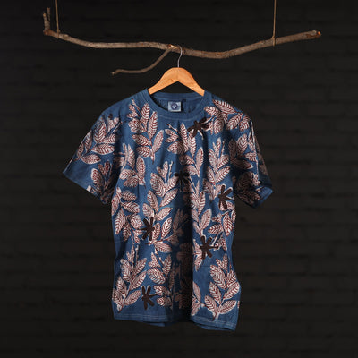 Blue - Bindaas Natural Dyed Art Block Print Round Neck T-shirt in Pure Cotton