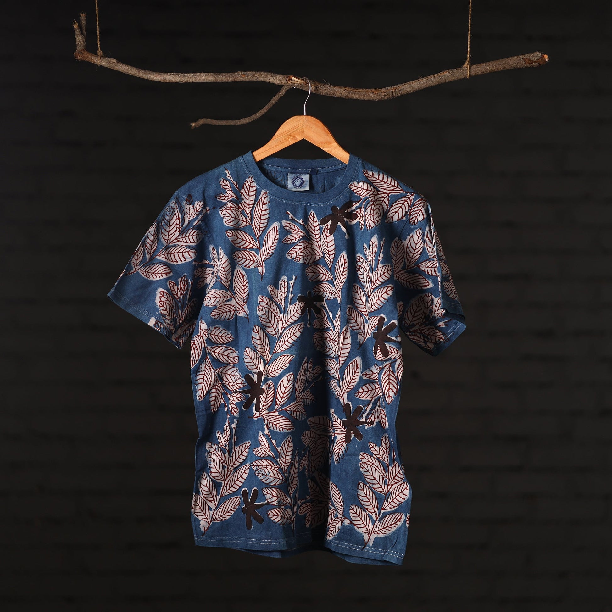 Blue - Bindaas Natural Dyed Art Block Print Round Neck T-shirt in Pure Cotton