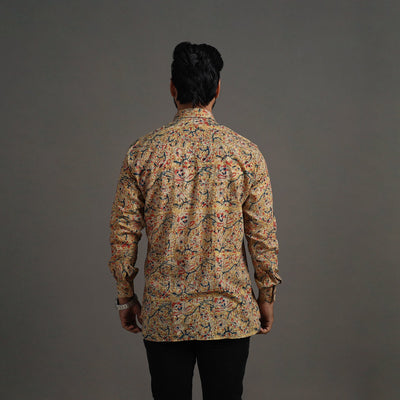 Beige - Kalamkari Block Printed Cotton Men Full Sleeve Shirt 08