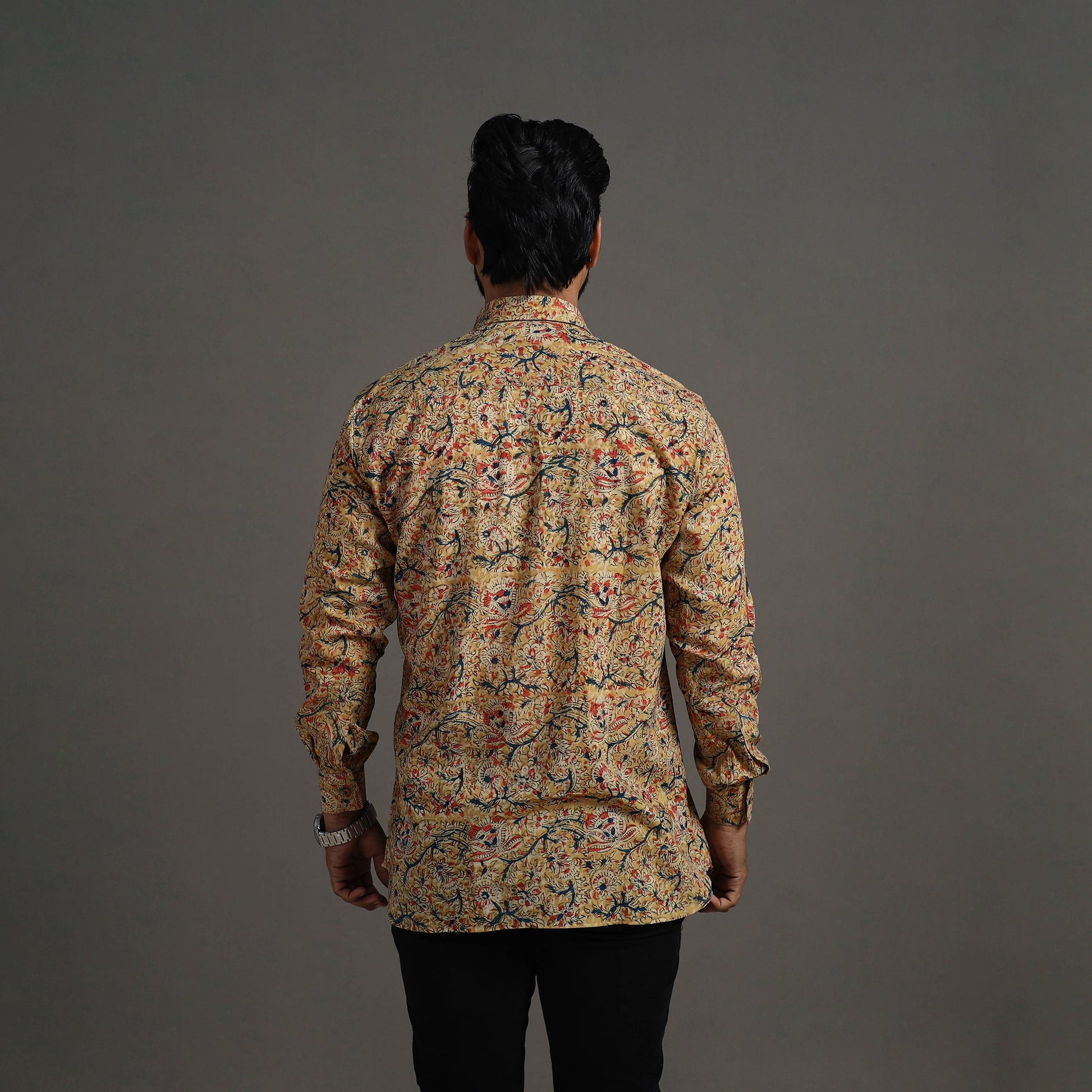 Beige - Kalamkari Block Printed Cotton Men Full Sleeve Shirt 08