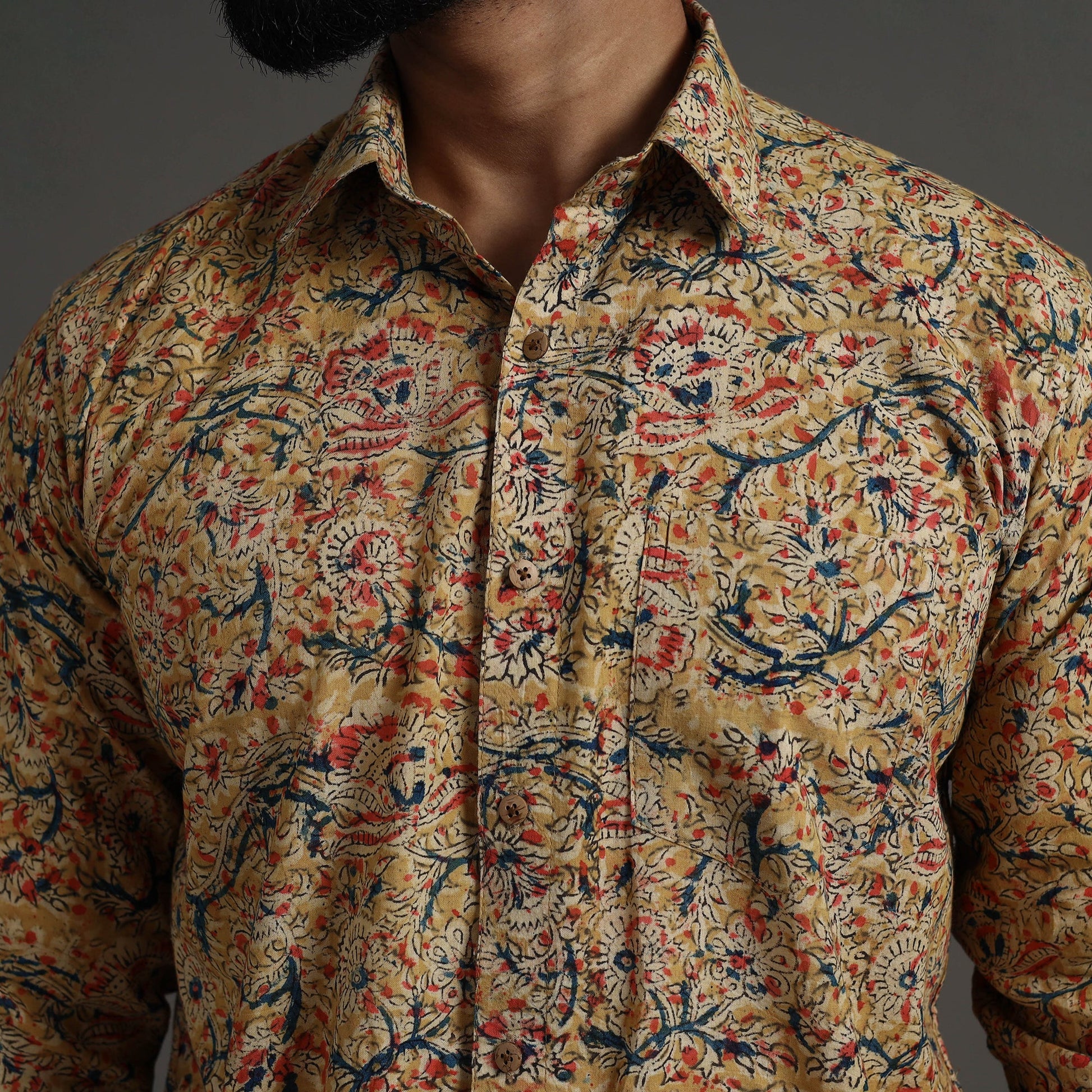 Beige - Kalamkari Block Printed Cotton Men Full Sleeve Shirt 08