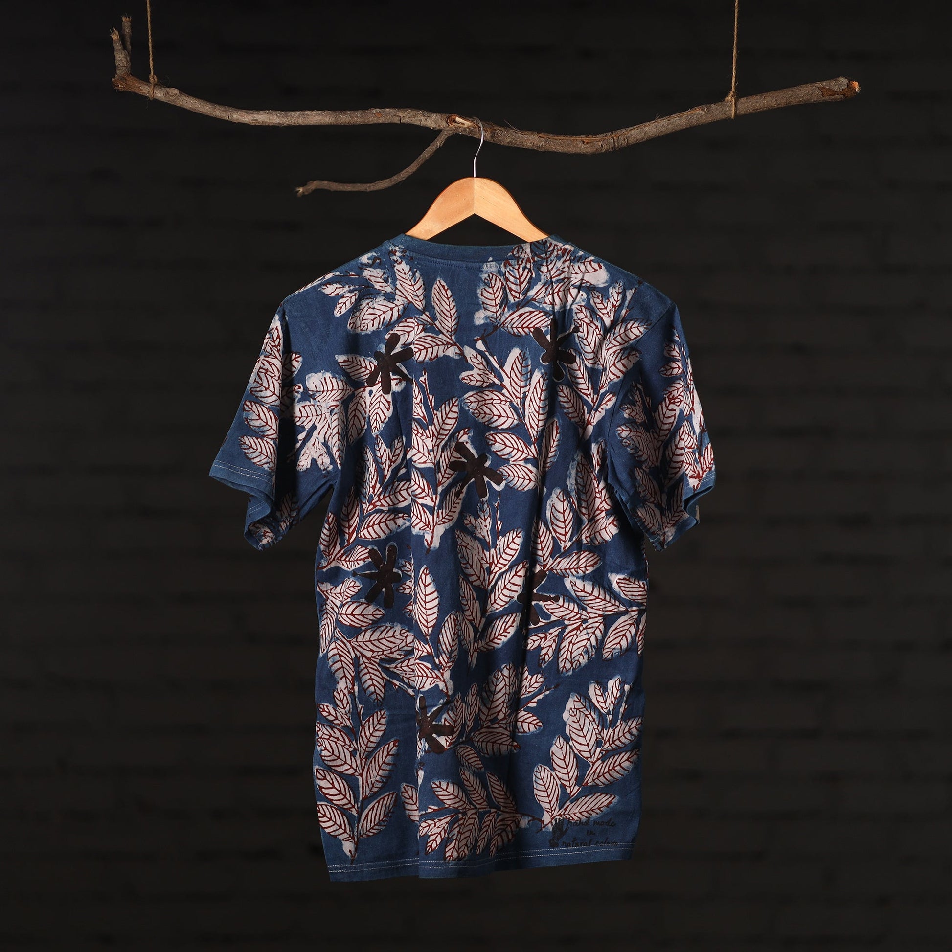 Blue - Bindaas Natural Dyed Art Block Print Round Neck T-shirt in Pure Cotton