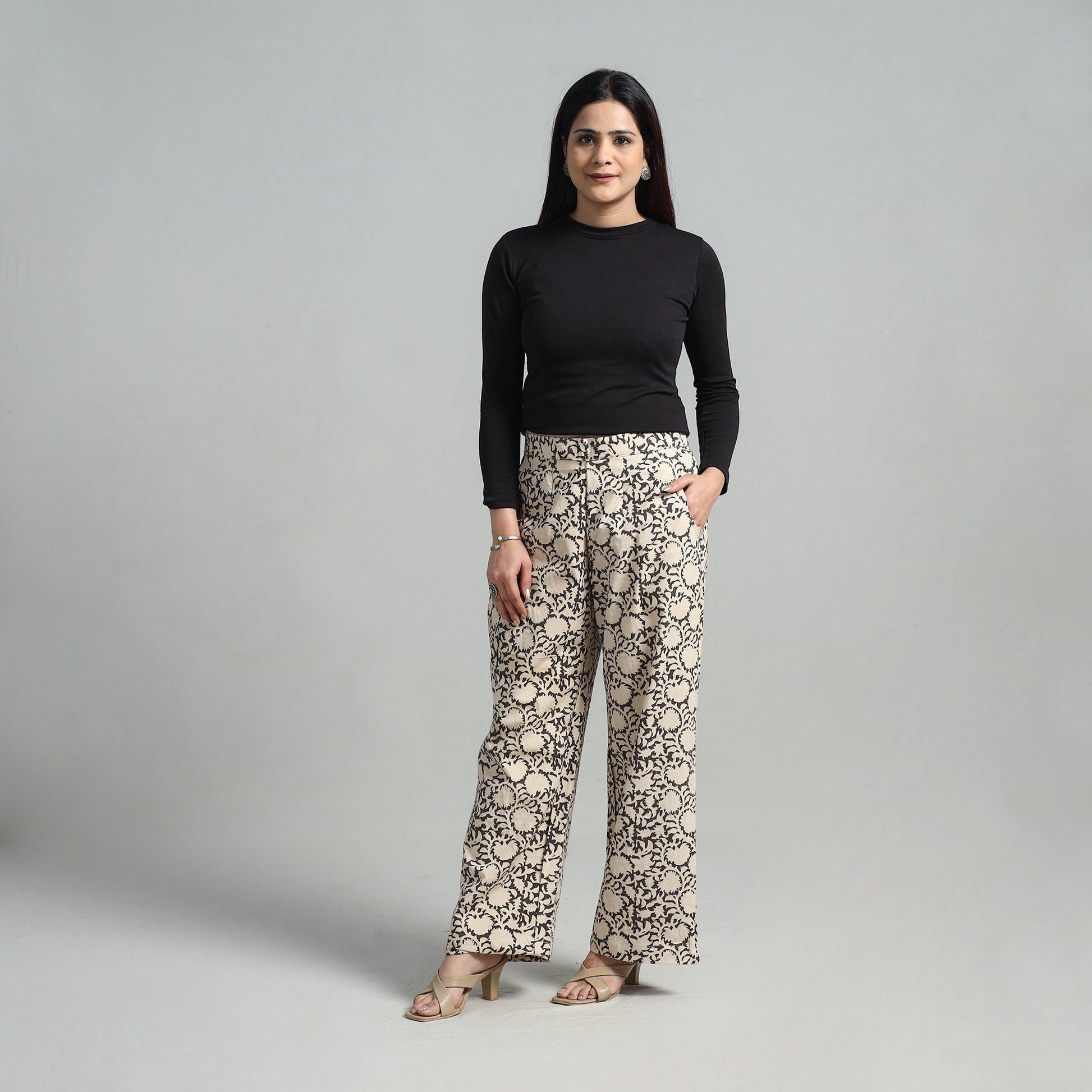 Beige - Block Printed Cotton Pedana Kalamkari Palazzo 12