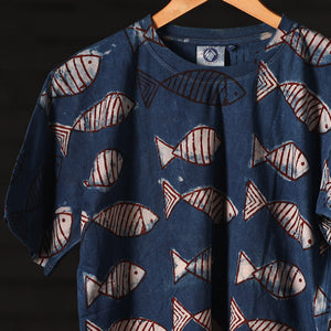 Blue - Bindaas Natural Dyed Art Block Print Round Neck T-shirt in Pure Cotton