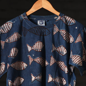 Blue - Bindaas Natural Dyed Art Block Print Round Neck T-shirt in Pure Cotton