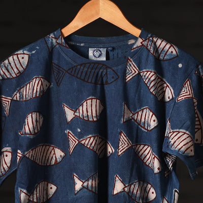 Blue - Bindaas Natural Dyed Art Block Print Round Neck T-shirt in Pure Cotton