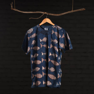 Blue - Bindaas Natural Dyed Art Block Print Round Neck T-shirt in Pure Cotton