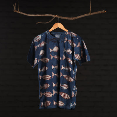 Blue - Bindaas Natural Dyed Art Block Print Round Neck T-shirt in Pure Cotton