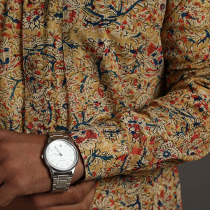Beige - Kalamkari Block Printed Cotton Men Full Sleeve Shirt 08