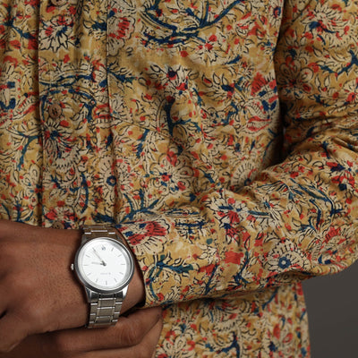 Beige - Kalamkari Block Printed Cotton Men Full Sleeve Shirt 08