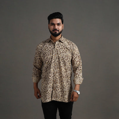 Beige - Pedana Block Print Cotton Men Kalamkari Shirt 08