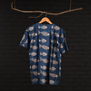 Blue - Bindaas Natural Dyed Art Block Print Round Neck T-shirt in Pure Cotton