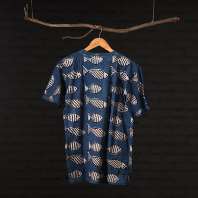 Blue - Bindaas Natural Dyed Art Block Print Round Neck T-shirt in Pure Cotton