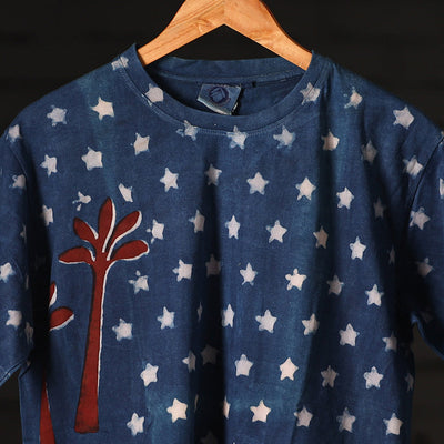 Blue - Bindaas Natural Dyed Art Block Print Round Neck T-shirt in Pure Cotton