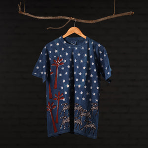 Blue - Bindaas Natural Dyed Art Block Print Round Neck T-shirt in Pure Cotton