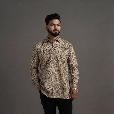 Beige - Pedana Block Print Cotton Men Kalamkari Shirt 08