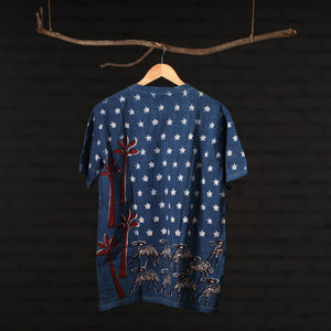 Blue - Bindaas Natural Dyed Art Block Print Round Neck T-shirt in Pure Cotton