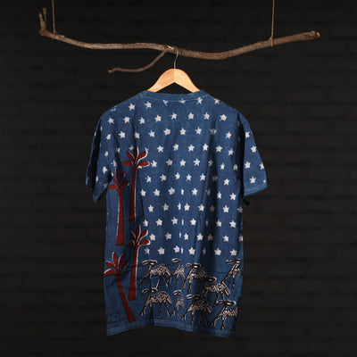 Blue - Bindaas Natural Dyed Art Block Print Round Neck T-shirt in Pure Cotton