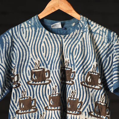 Blue - Bindaas Block Art Prints Natural Dyed Cotton Round Neck T-shirt