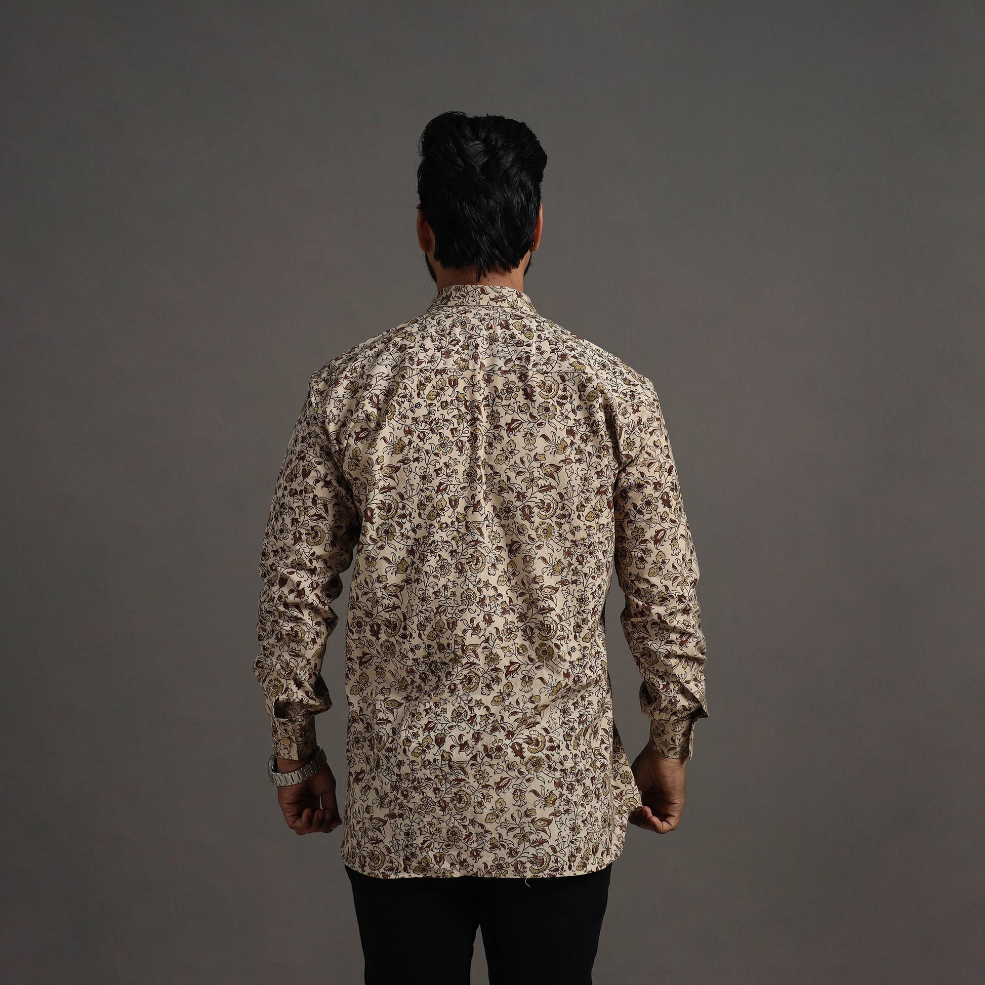 Beige - Pedana Block Print Cotton Men Kalamkari Shirt 08