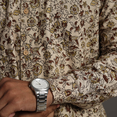 Beige - Pedana Block Print Cotton Men Kalamkari Shirt 08