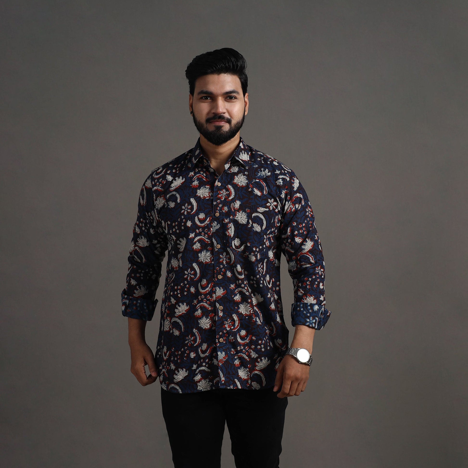Brown - Bagru Block Printed Cotton Men Full Sleeve Shirt 08