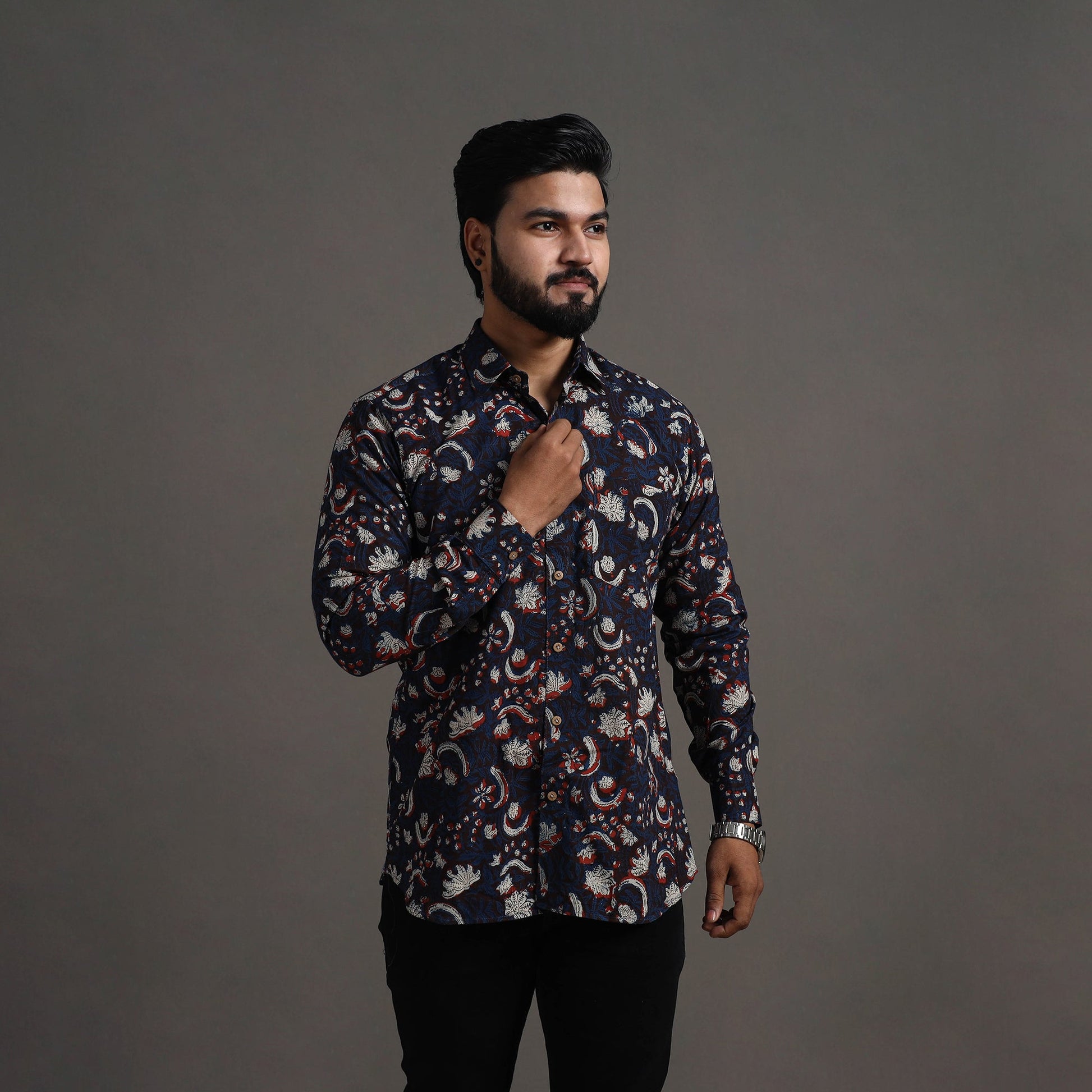 Brown - Bagru Block Printed Cotton Men Full Sleeve Shirt 08