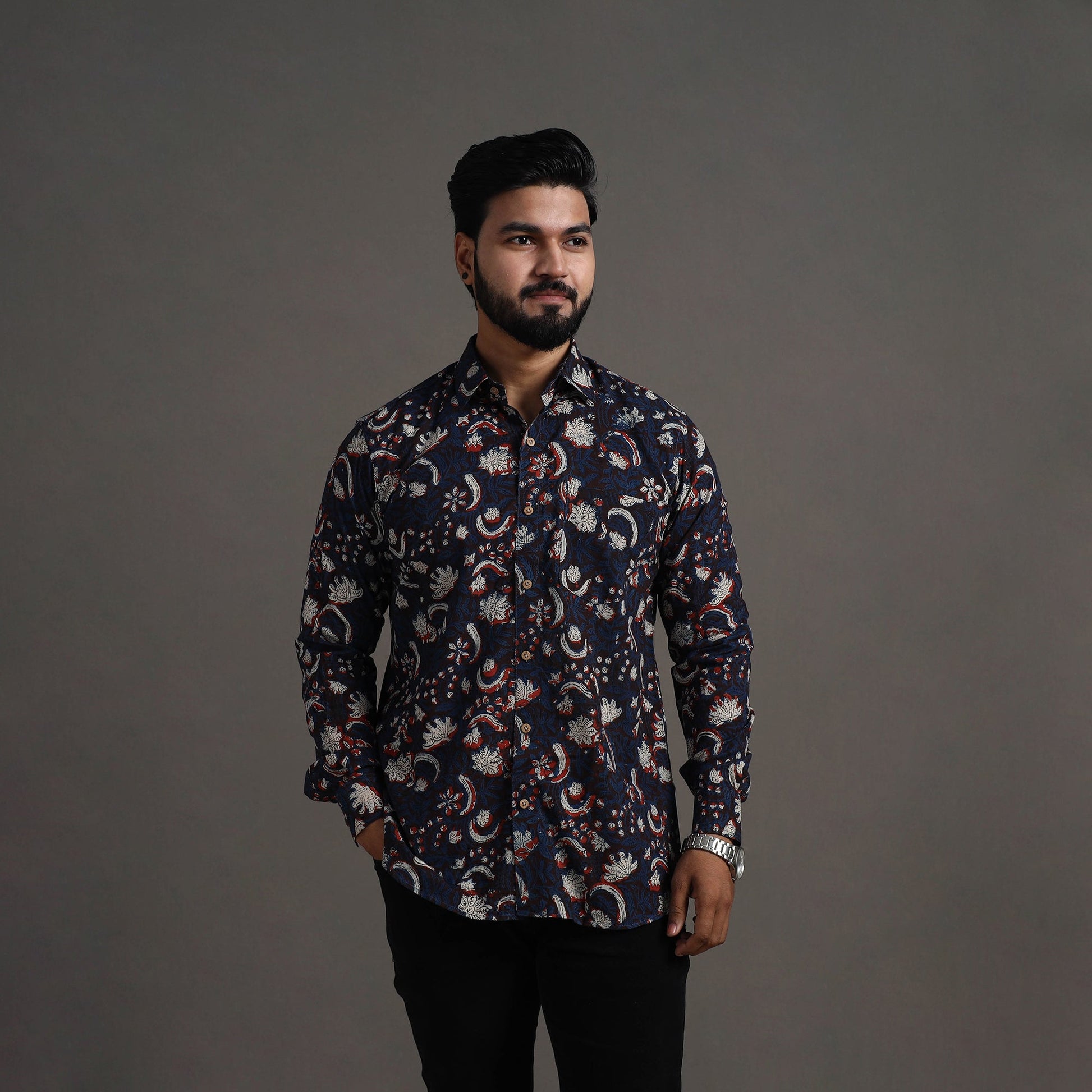 Brown - Bagru Block Printed Cotton Men Full Sleeve Shirt 08