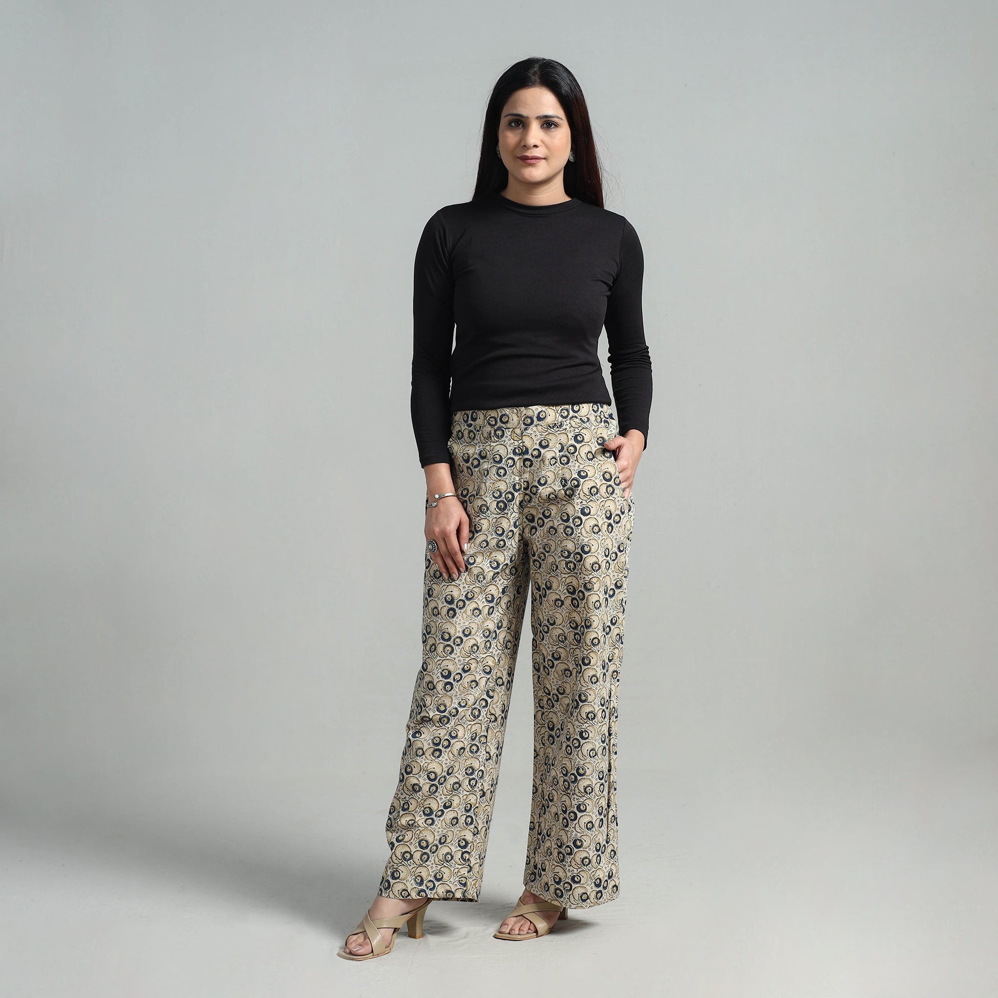 Beige - Block Printed Cotton Pedana Kalamkari Palazzo 09
