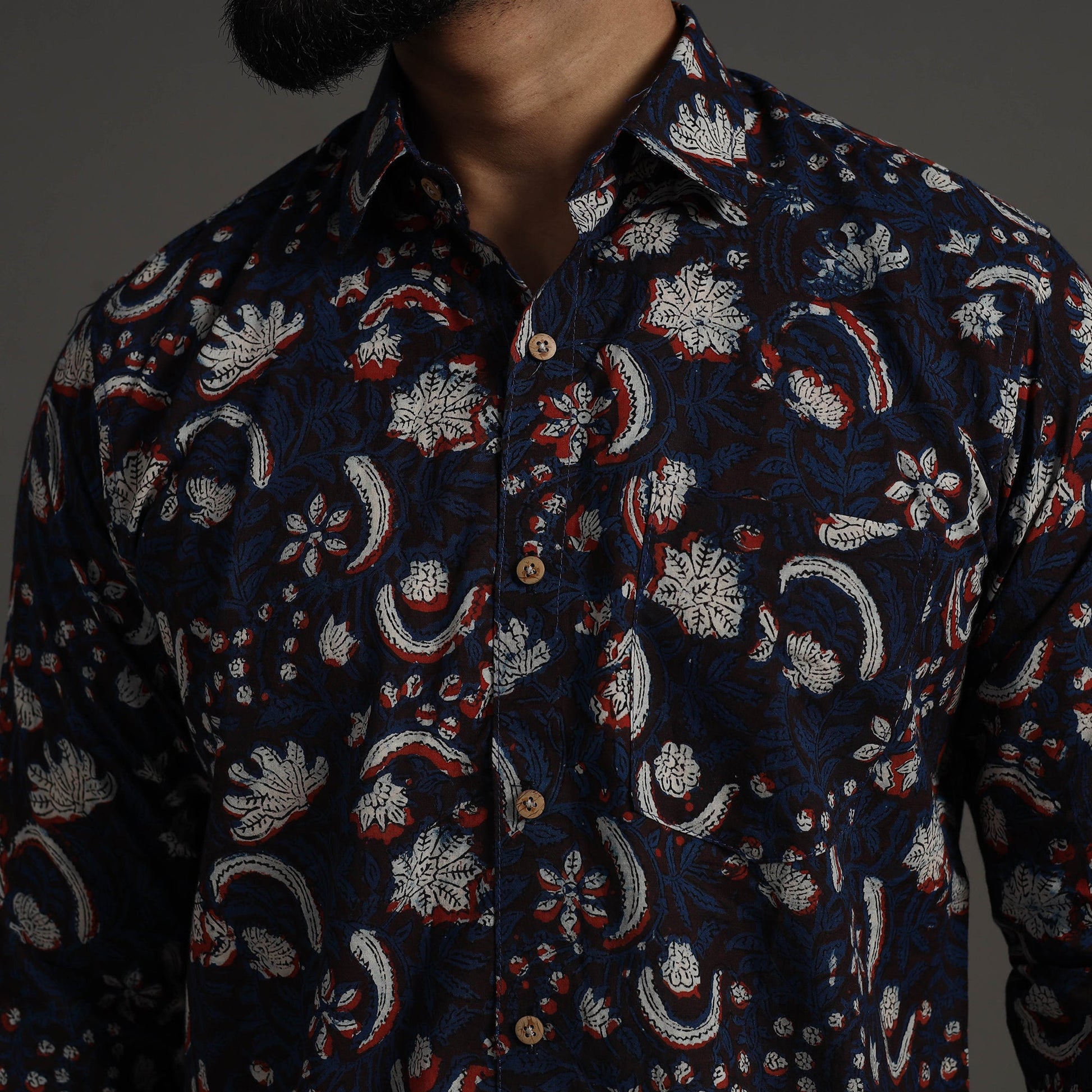 Brown - Bagru Block Printed Cotton Men Full Sleeve Shirt 08