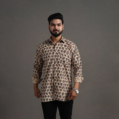 Beige - Pedana Block Print Cotton Men Kalamkari Shirt 03