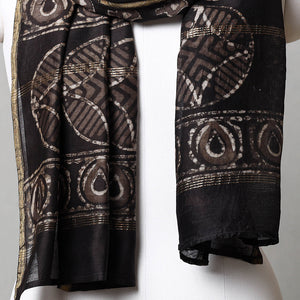 Black - Pipad Block Printed Chanderi Silk Handloom Stole