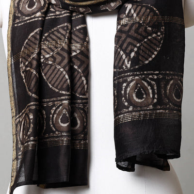 Black - Pipad Block Printed Chanderi Silk Handloom Stole