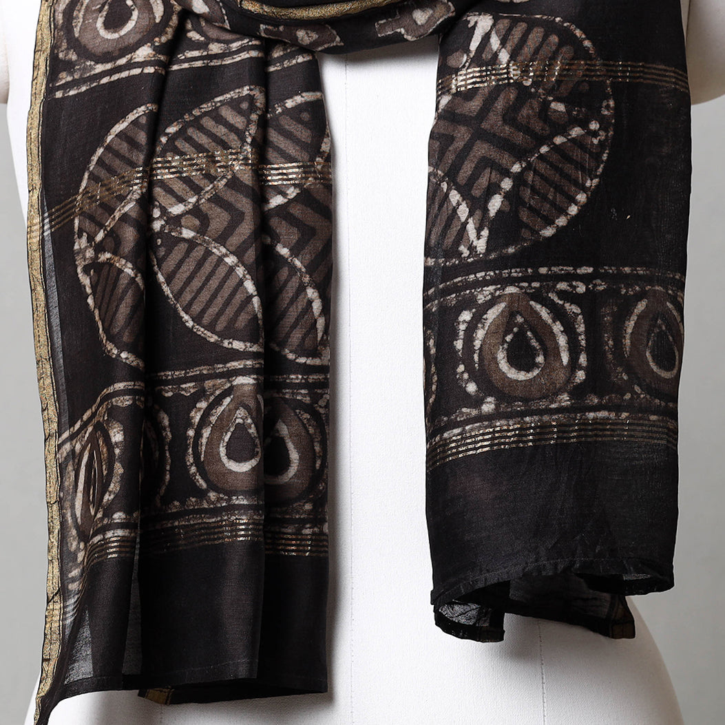 Black - Pipad Block Printed Chanderi Silk Handloom Stole