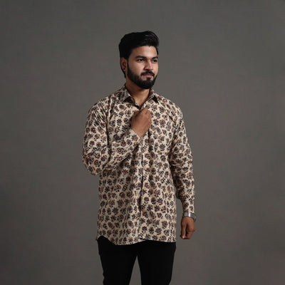 Beige - Pedana Block Print Cotton Men Kalamkari Shirt 03