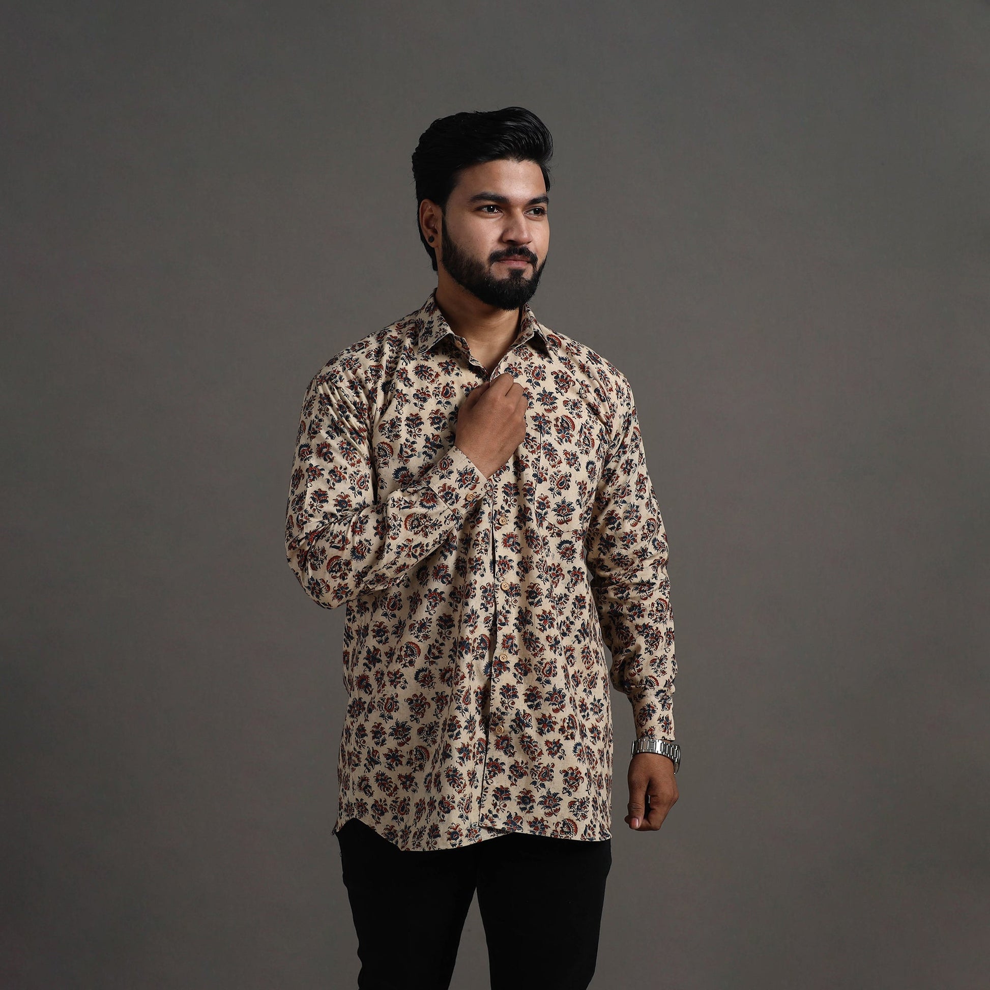 Beige - Pedana Block Print Cotton Men Kalamkari Shirt 03