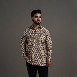 Beige - Pedana Block Print Cotton Men Kalamkari Shirt 03