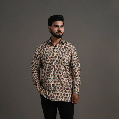 Beige - Pedana Block Print Cotton Men Kalamkari Shirt 03