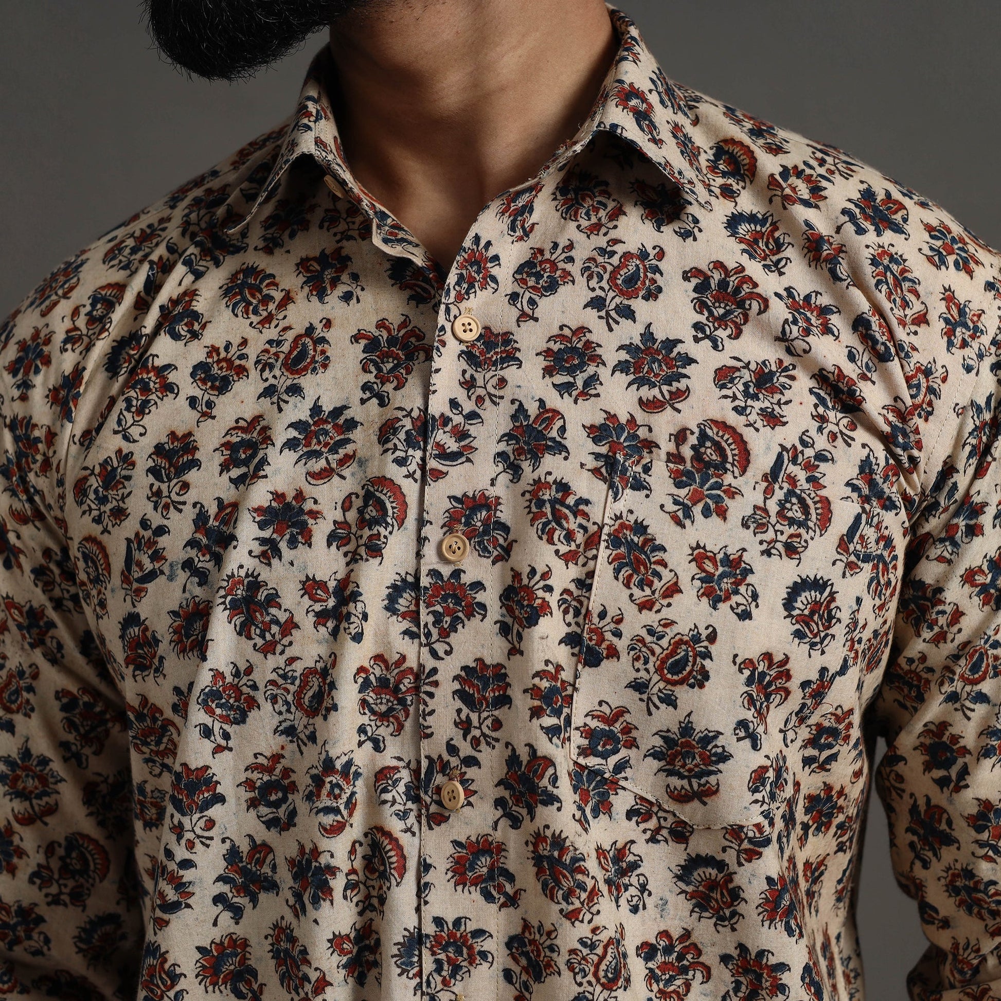Beige - Pedana Block Print Cotton Men Kalamkari Shirt 03