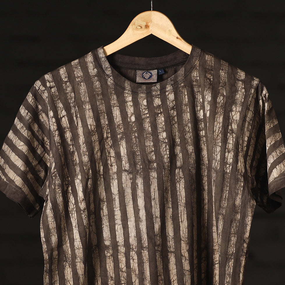 Brown - Bindaas Natural Dyed Art Block Print Unisex Round Neck T-shirt in Pure Cotton