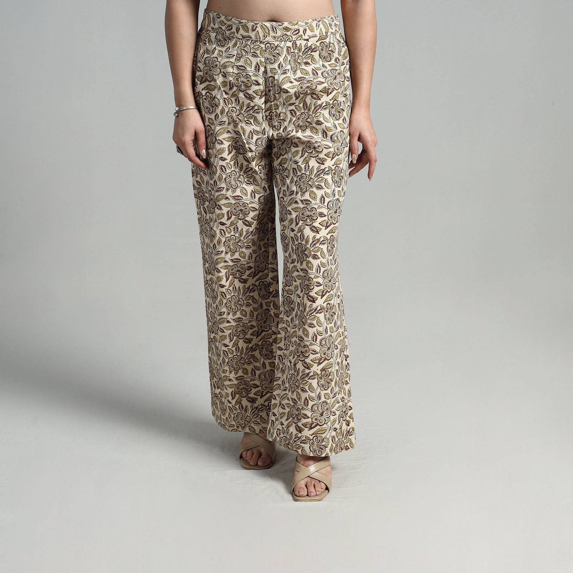 Beige - Block Printed Cotton Pedana Kalamkari Palazzo 07