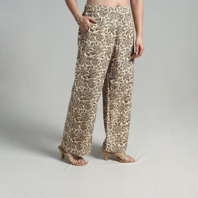 Beige - Block Printed Cotton Pedana Kalamkari Palazzo 07