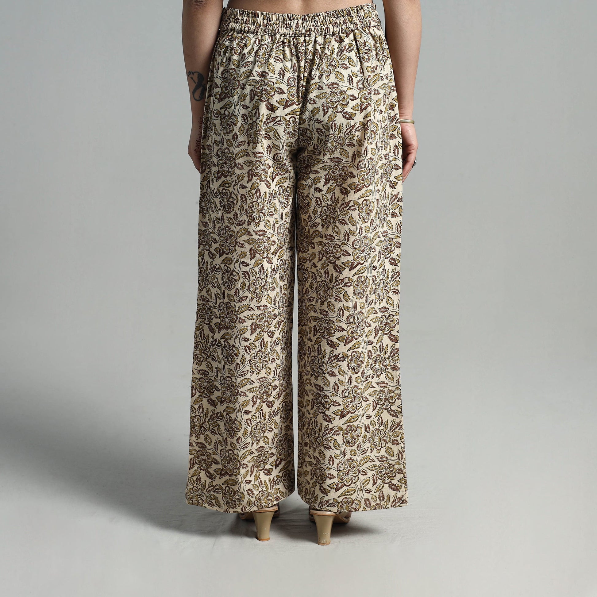 Beige - Block Printed Cotton Pedana Kalamkari Palazzo 07