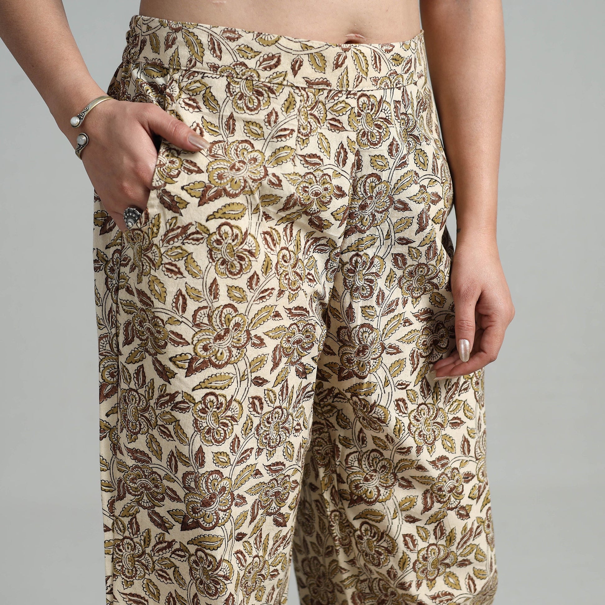 Beige - Block Printed Cotton Pedana Kalamkari Palazzo 07