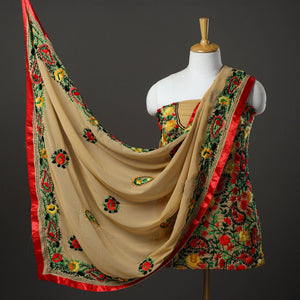 Brown - 3pc Hand Embroidery Georgette Phulkari Dress Material 48