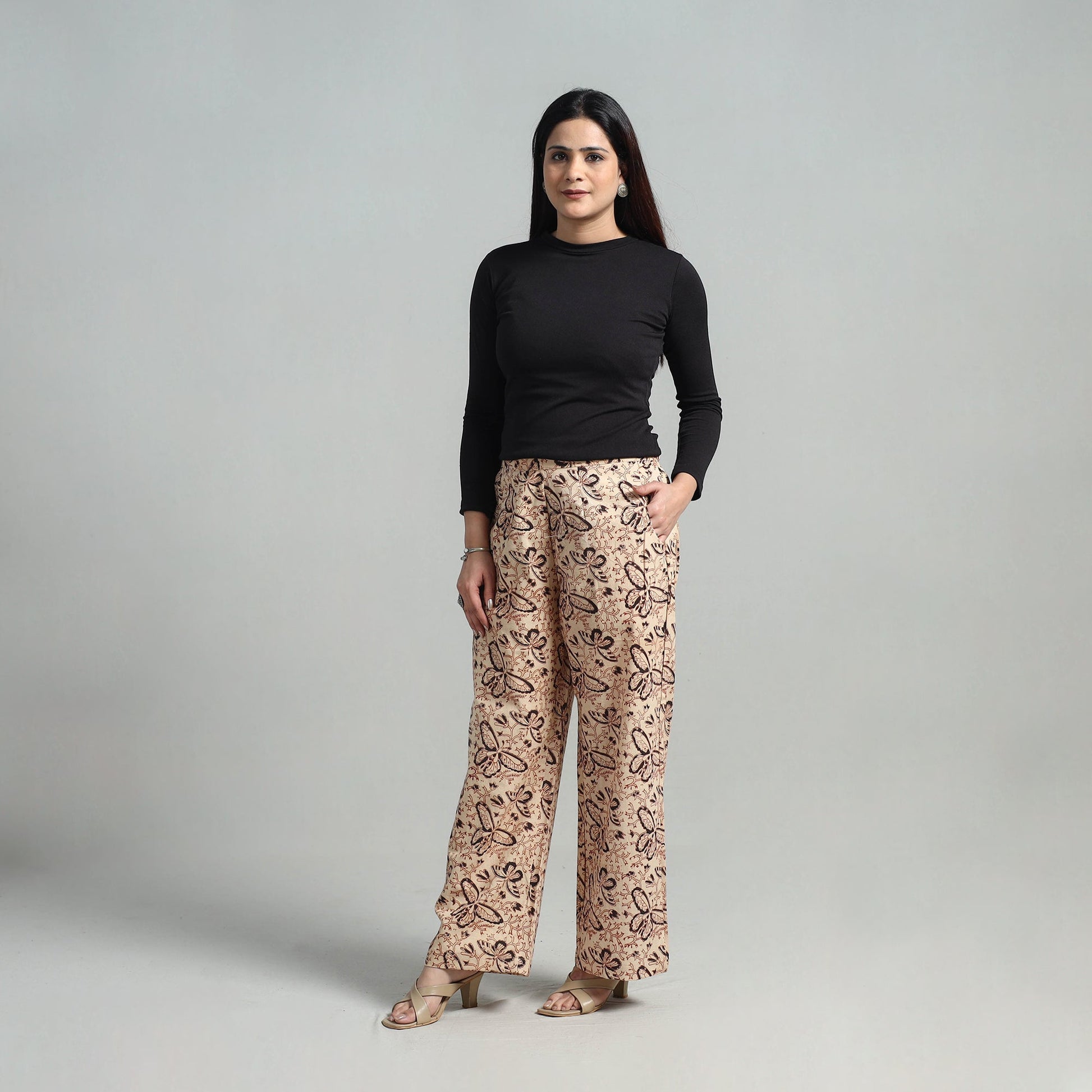 Beige - Block Printed Cotton Pedana Kalamkari Palazzo 04